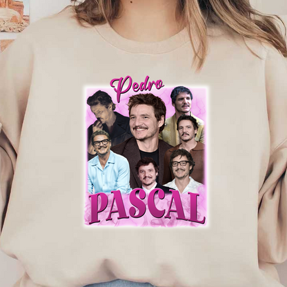 Un collage vibrante que presenta múltiples imágenes de Pedro Pascal, mostrando sus variados estilos y sonrisas encantadoras sobre un fondo rosa. Transferencias DTF