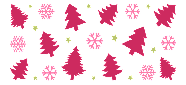 A playful, whimsical pattern featuring pink Christmas trees, snowflakes, and stars, perfect for a festive holiday vibe!UV Transfers dtf prints