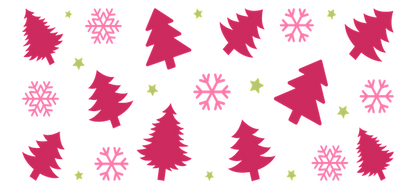 A playful, whimsical pattern featuring pink Christmas trees, snowflakes, and stars, perfect for a festive holiday vibe!UV Transfers dtf prints