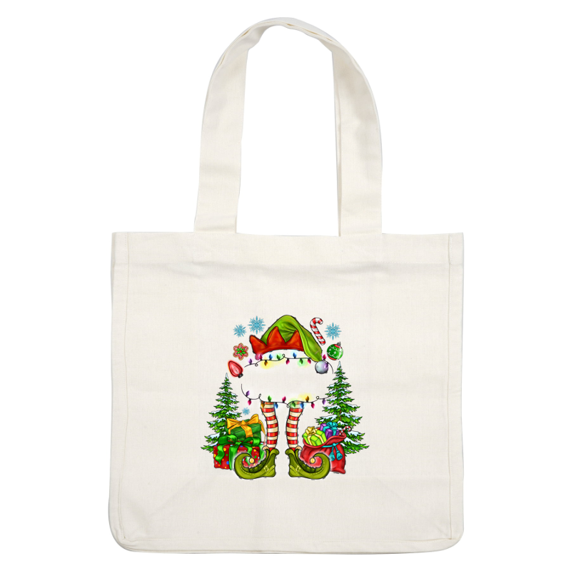 A whimsical Christmas elf design featuring colorful lights, striped legs, and surrounded by festive gifts and evergreen trees.DTF Transfersdtf regular iron