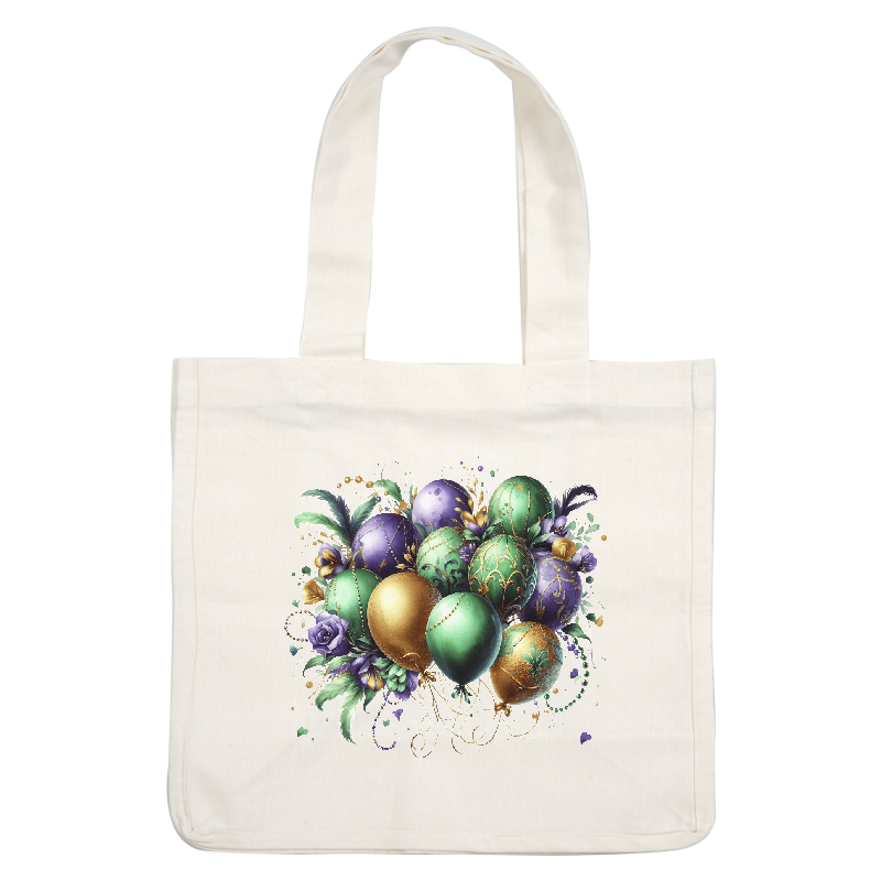 A vibrant arrangement of decorative balloons in shades of green, purple, and gold, accented with floral elements and elegant designs.DTF Transfers