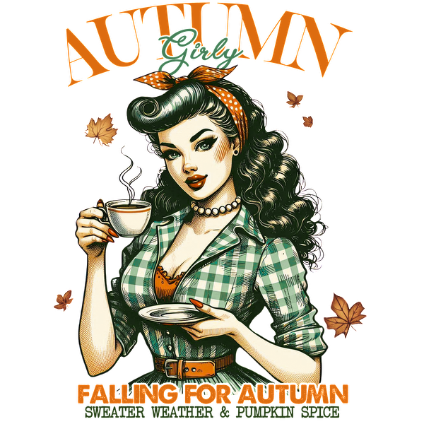 A charming vintage illustration of a woman in a checkered shirt, enjoying coffee, celebrating the autumn season with style. heat press transfers