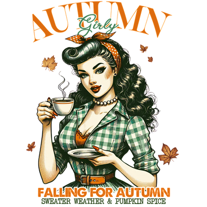 A charming vintage illustration of a woman in a checkered shirt, enjoying coffee, celebrating the autumn season with style. heat press transfers