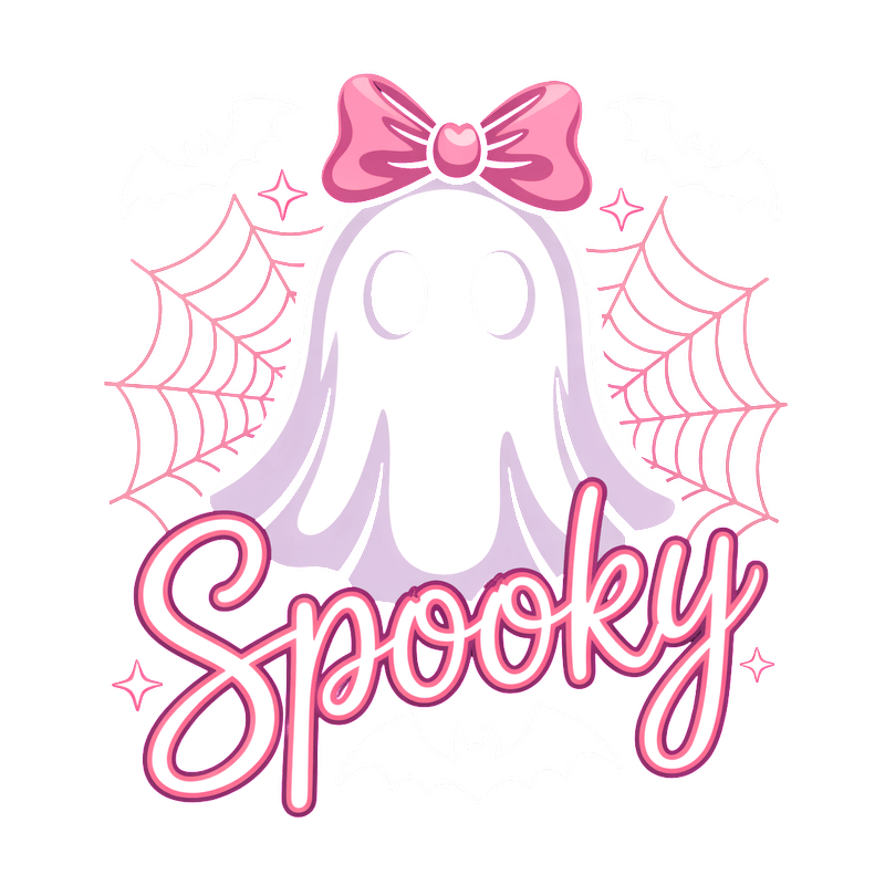A cute ghost graphic with a pink bow and "Spooky" text design.DTF Transfers