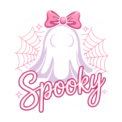 A cute ghost graphic with a pink bow and "Spooky" text design.DTF Transfers