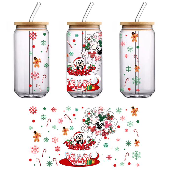 Celebrate the holiday spirit with this festive illustration featuring a joyful Mickey Mouse in a Christmas-themed cup surrounded by cheerful decorations!UV Transfersdtf regular iron