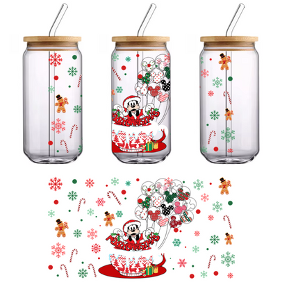 Celebrate the holiday spirit with this festive illustration featuring a joyful Mickey Mouse in a Christmas-themed cup surrounded by cheerful decorations!UV Transfersdtf regular iron