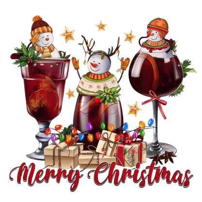 Celebrate the holidays with festive snowmen and elegant drinks surrounded by twinkling lights and cheerful presents. Merry Christmas!dtf regular iron