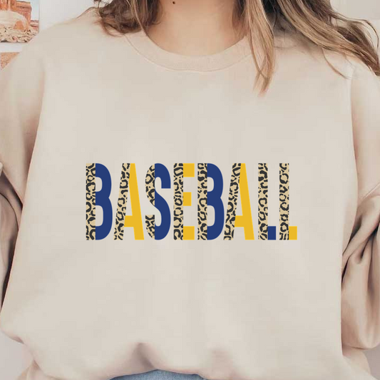 Colorful "BASEBALL" text featuring a mix of blue, yellow, and leopard print patterns for a fun and sporty vibe.DTF Transfersdtf regular iron