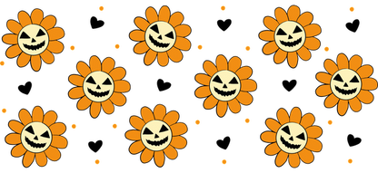 A cheerful Halloween-themed design featuring vibrant orange flowers with playful pumpkin faces set against a black background.UV Transfersdtf regular iron