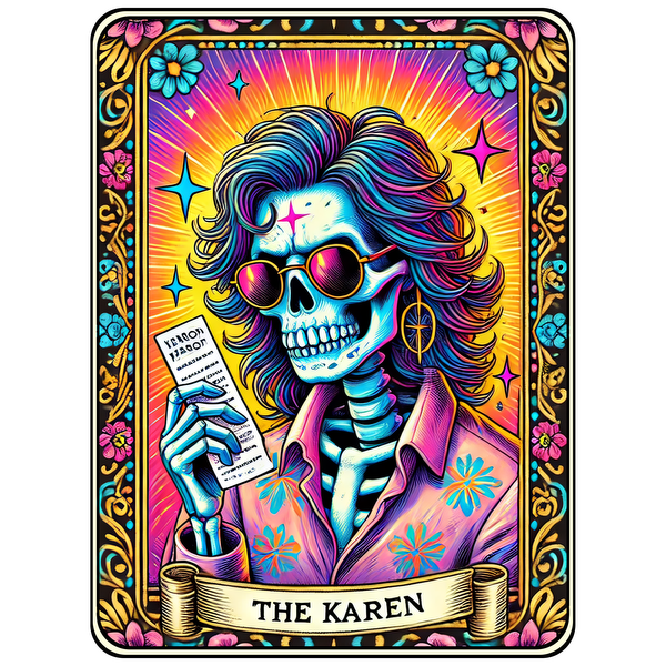 Una representación vibrante y artística de un esqueleto llamado "La Karen", con gafas de sol, una camisa floreada y una expresión sarcástica.