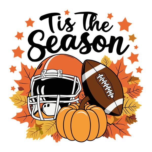 Celebrate the season with this autumn-themed design featuring a football, helmet, and pumpkin surrounded by colorful leaves. dtf prints