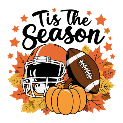 Celebrate the season with this autumn-themed design featuring a football, helmet, and pumpkin surrounded by colorful leaves. dtf prints