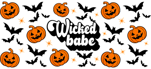 Un fondo festivo con temática de Halloween que presenta alegres y sonrientes calabazas naranjas y decoraciones brillantes con forma de estrella. Transferencias UV