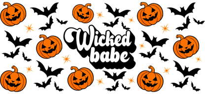 Un fondo festivo con temática de Halloween que presenta alegres y sonrientes calabazas naranjas y decoraciones brillantes con forma de estrella. Transferencias UV