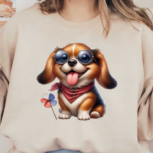 Este adorable perro de dibujos animados luce gafas de sol redondas y un pañuelo rojo, sostiene un molinillo de colores y muestra una gran sonrisa.