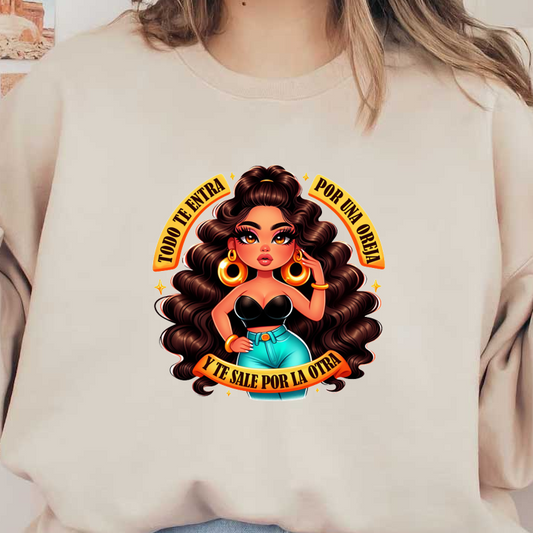 Una elegante mujer animada con cabello largo y rizado y aretes grandes posa con confianza, presentando un texto divertido a su alrededor.