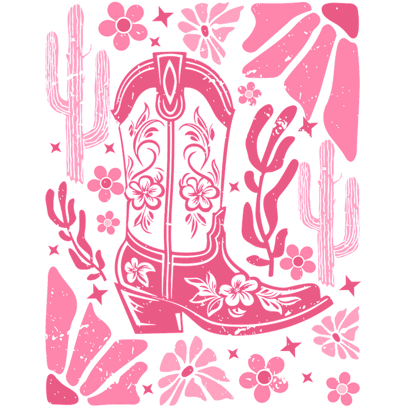 A whimsical illustration featuring a pink cowboy boot surrounded by cacti, flowers, and playful design elements for a fun country vibe.DTF Transfers