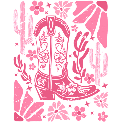 A whimsical illustration featuring a pink cowboy boot surrounded by cacti, flowers, and playful design elements for a fun country vibe.DTF Transfers