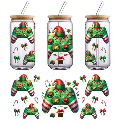 Festive holiday-themed gaming controllers in green and red, featuring candy cane stripes and playful elf hats for a cheerful vibe.UV Transfers dtf transfers