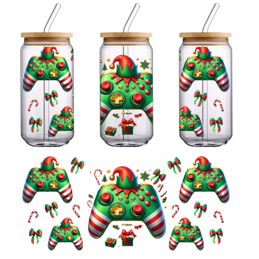 Festive holiday-themed gaming controllers in green and red, featuring candy cane stripes and playful elf hats for a cheerful vibe.UV Transfers dtf transfers