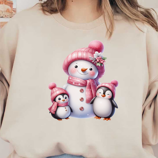 Un alegre muñeco de nieve y dos adorables pingüinos, todos con sombreros y bufandas rosas, difunden la alegría festiva del invierno.