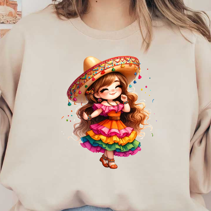 A cheerful girl in a colorful, layered dress and a vibrant sombrero, exuding joy and cultural charm. heat press transfers