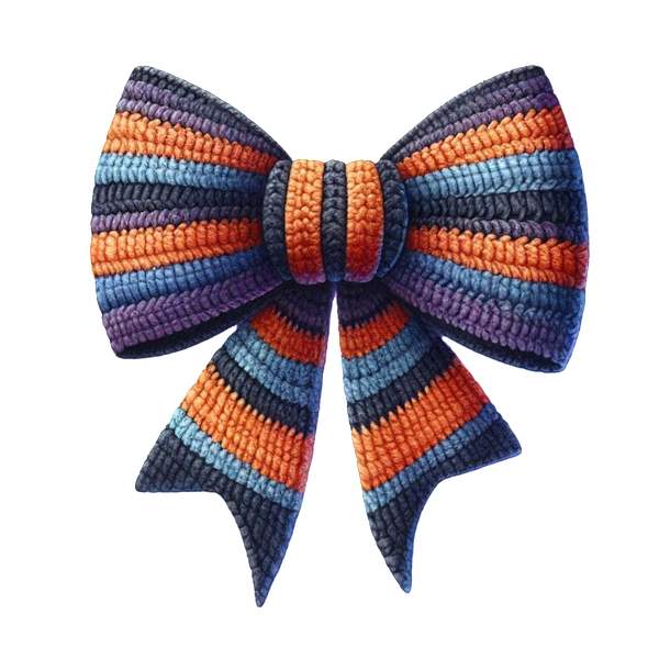 A vibrant, striped bow made of braided fabric in shades of orange, blue, and black, perfect for adding flair to any outfit.dtf regular iron