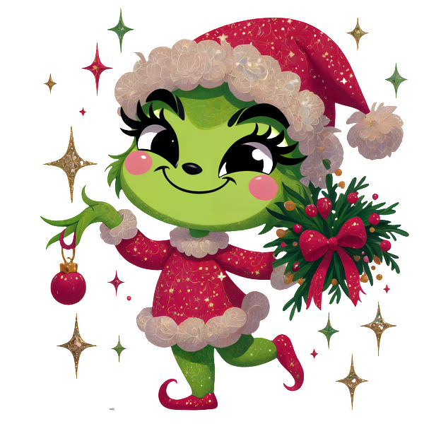 This festive green character sports a red Christmas outfit with a fluffy white trim, holding a wreath and ornament.DTF Transfers