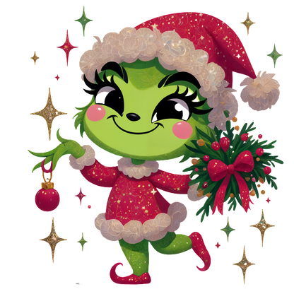 This festive green character sports a red Christmas outfit with a fluffy white trim, holding a wreath and ornament.DTF Transfers