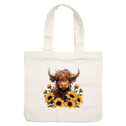 A charming Highland cow surrounded by vibrant sunflowers, featuring a fluffy mane and expressive eyes, adding a rustic touch. dtf prints