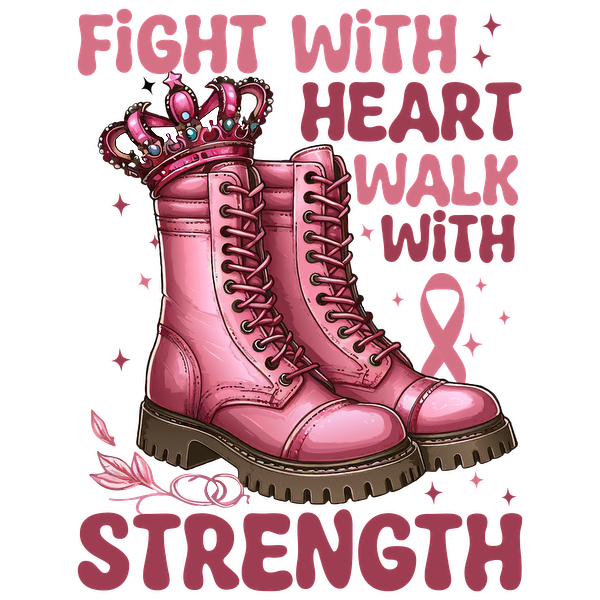 Bold pink combat boots adorned with a crown, promoting strength and resilience, complemented by a pink ribbon symbol. dtf prints