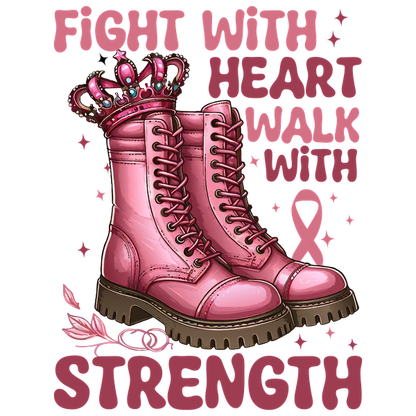 Bold pink combat boots adorned with a crown, promoting strength and resilience, complemented by a pink ribbon symbol. dtf prints