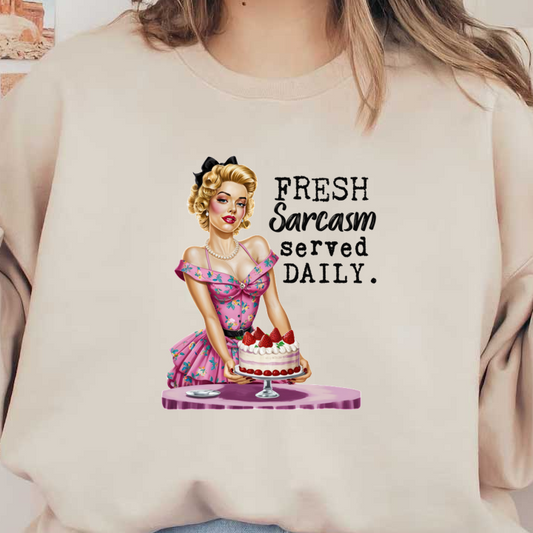 Una divertida ilustración retro de una mujer glamorosa con un vestido floral rosa, sirviendo un pastel con la frase "Sarcasmo fresco servido diariamente".