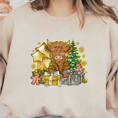 A charming illustration of a festive cow in a stylish robe surrounded by wrapped gifts, gingerbread cookies, and holiday decorations.DTF Transfers dtf transfers dtf prints