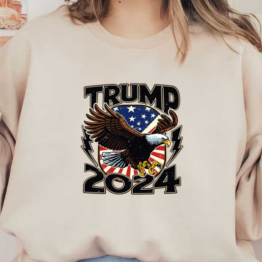 Diseño atrevido que presenta un águila con colores y símbolos patrióticos, que promueve “Trump 2024” con gráficos llamativos.