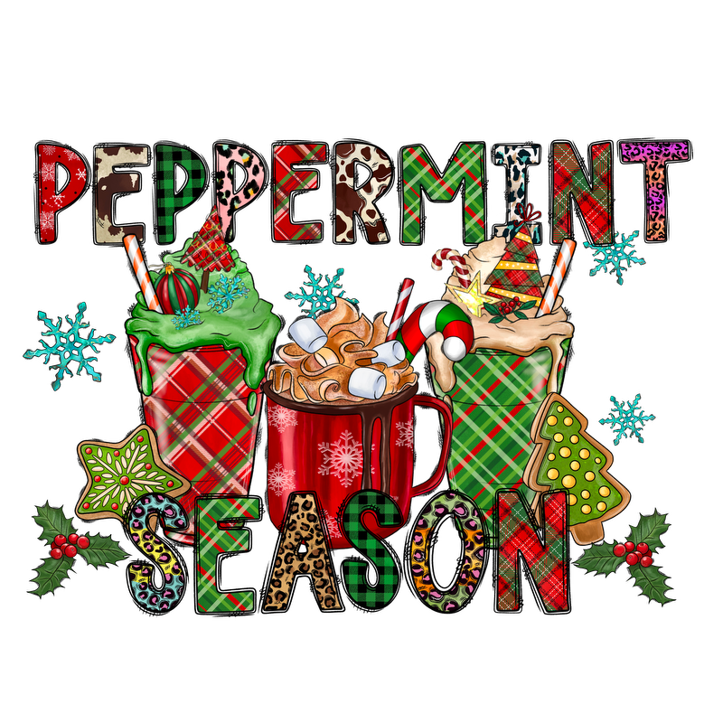 Celebrate the festive spirit with this colorful "Peppermint Season" design featuring cheerful holiday drinks and playful patterns!DTF Transfers dtf prints