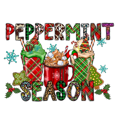 Celebrate the festive spirit with this colorful "Peppermint Season" design featuring cheerful holiday drinks and playful patterns!DTF Transfers dtf prints