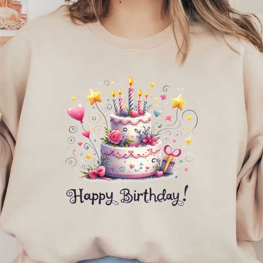 Celebrate with a beautifully decorated birthday cake featuring colorful candles, roses, and festive stars, spreading joyful wishes!DTF Transfers