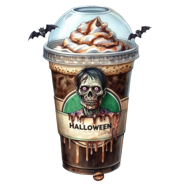 Deléitese con este espeluznante frappuccino con temática de Halloween cubierto con crema batida, que presenta un macabro diseño de zombie y chocolate goteando.