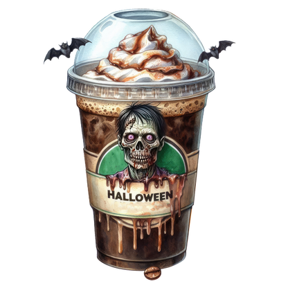 Deléitese con este espeluznante frappuccino con temática de Halloween cubierto con crema batida, que presenta un macabro diseño de zombie y chocolate goteando.