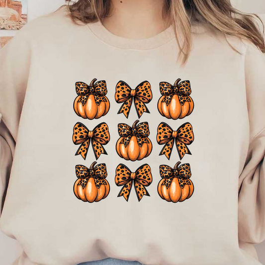 Una divertida colección de calabazas naranjas adornadas con lazos con estampado de leopardo, perfectas para la decoración de Halloween o de otoño.