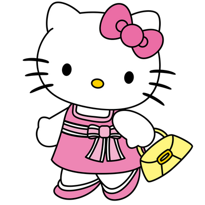 Meet Hello Kitty, a cute cartoon character dressed in a pink dress with a bow, carrying a yellow handbag!DTF Transfers