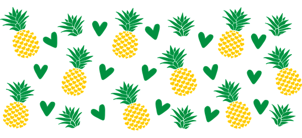 A fun and colorful pattern featuring yellow pineapples, green hearts, and tropical leaves, perfect for summer vibes!UV Transfers dtf transfers