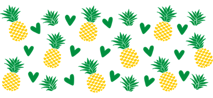 A fun and colorful pattern featuring yellow pineapples, green hearts, and tropical leaves, perfect for summer vibes!UV Transfers dtf transfers