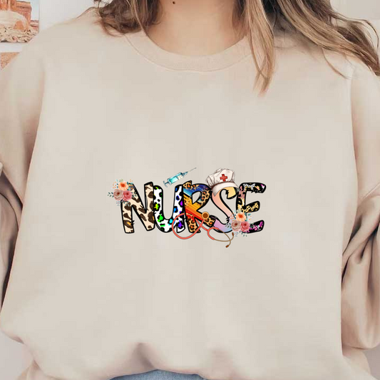 A vibrant and colorful design featuring the word "NURSE" with floral accents, a syringe, and a nurse's hat.DTF Transfers