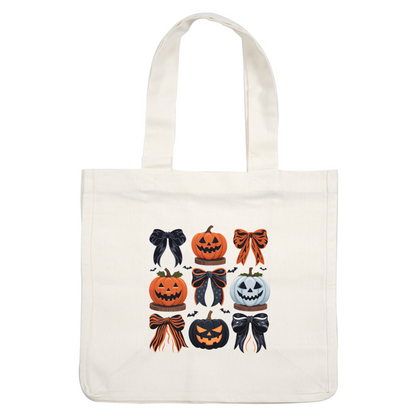 Una colorida colección de calabazas y lazos con temática de Halloween, con diseños sonrientes y espeluznantes en naranja, negro y blanco.