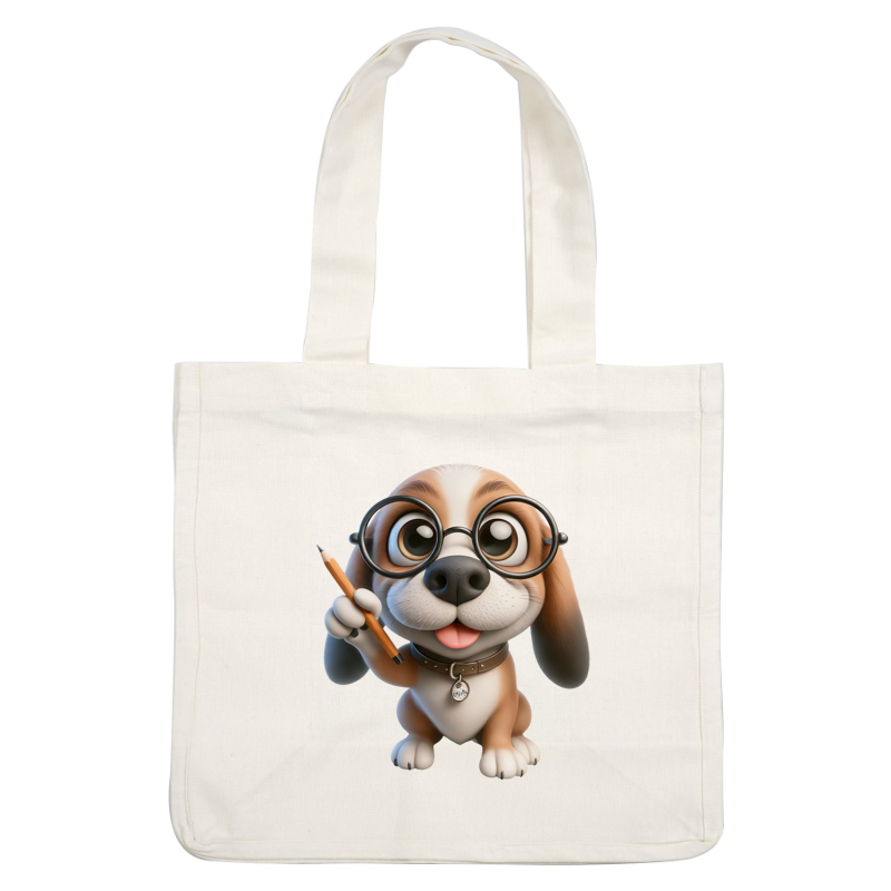 Un lindo beagle de dibujos animados con gafas sostiene un lápiz y muestra una personalidad adorable y juguetona.