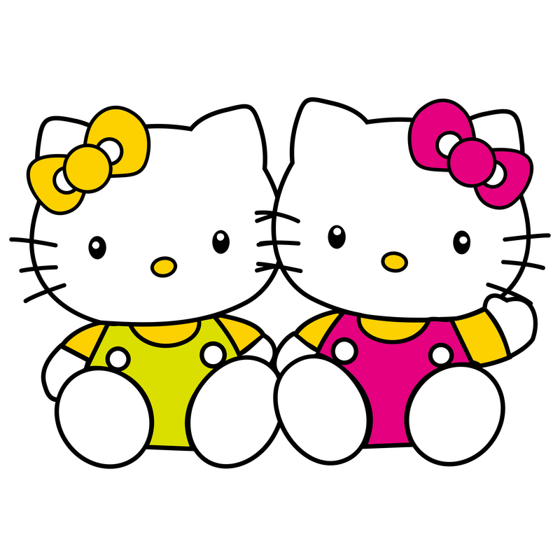 Adorable cartoon kittens dressed in vibrant yellow and pink outfits, showcasing their signature bows and cheerful expressions.DTF Transfers