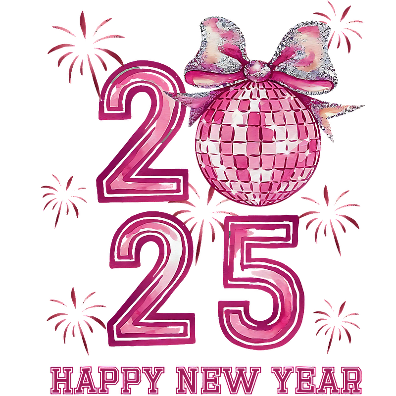 Celebrate the arrival of 2025 with this festive New Year design featuring a sparkling disco ball and fireworks in vibrant pink!DTF Transfersdtf regular irondtf regular iron